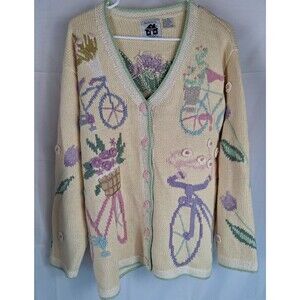 Vintage Storybook Knits Cardigan Sweater M Bicycles Floral Embellished